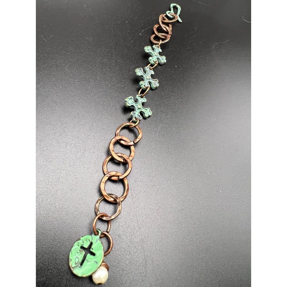 Hammered Copper and Patina Cross Bracelet